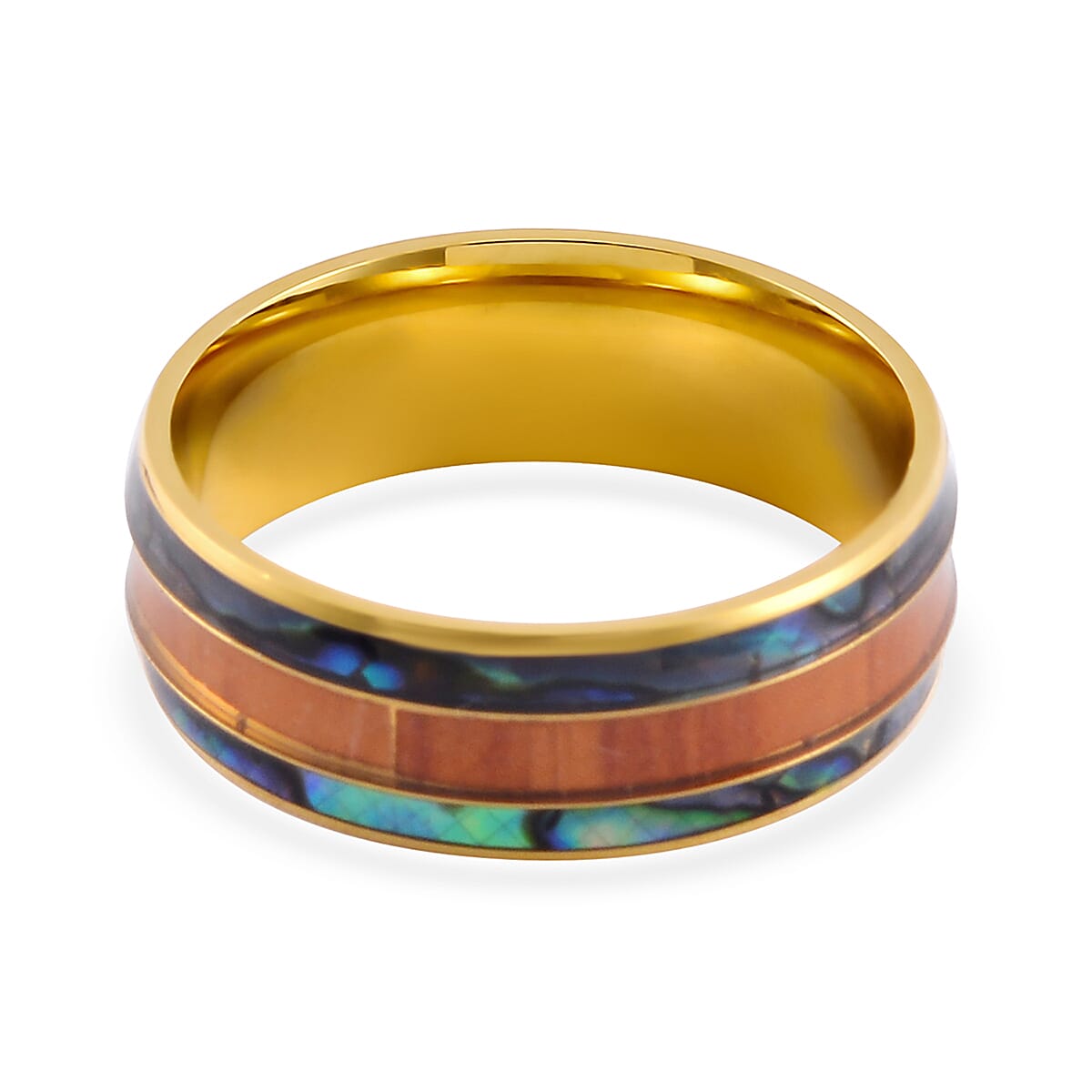 Abalone Shell, Enameled Men's Ring (Size 9.00) and Pendant Necklace 20 Inches in ION Plated YG Stainless Steel