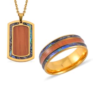 Abalone Shell, Enameled Men's Ring (Size 10.00) and Pendant Necklace 20 Inches in ION Plated YG Stainless Steel