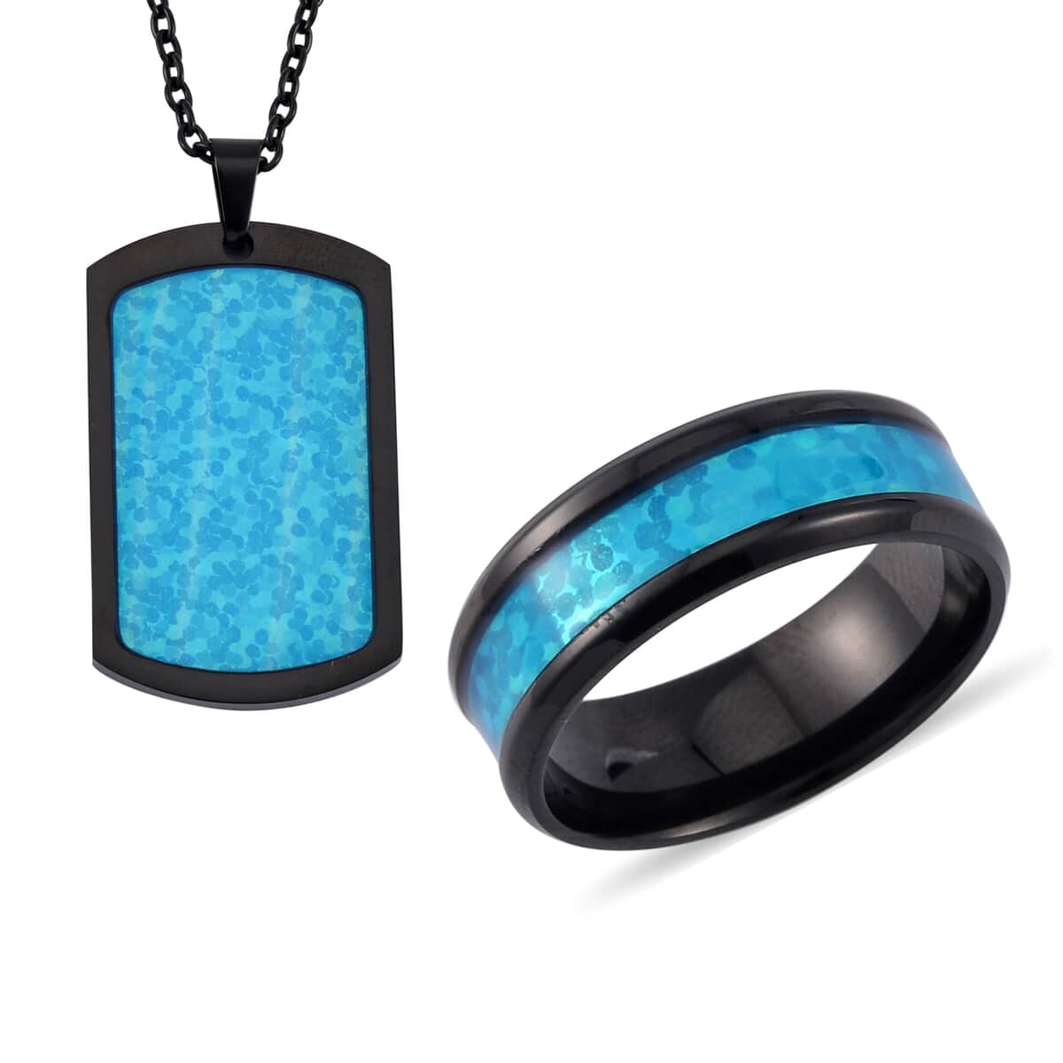 Enameled Men's Ring (Size 11.00) and Pendant Necklace 20 Inches in ION Plated Black Stainless Steel image number 0