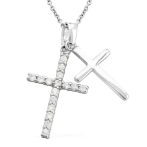 Simulated Diamond Cross Pendant Necklace 18 Inches in Silvertone