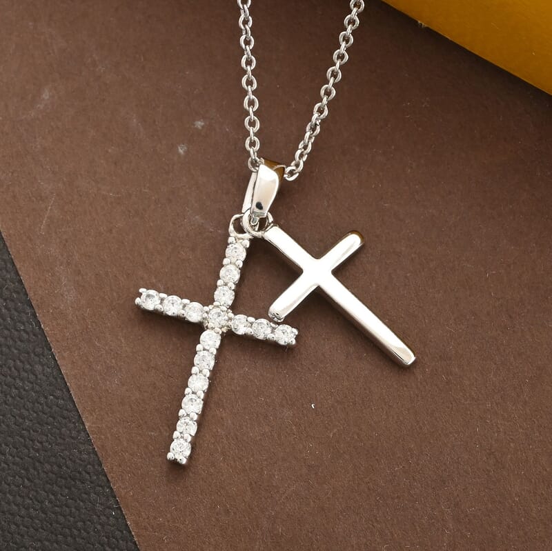 Simulated Diamond Cross Pendant Necklace 18 Inches in Silvertone