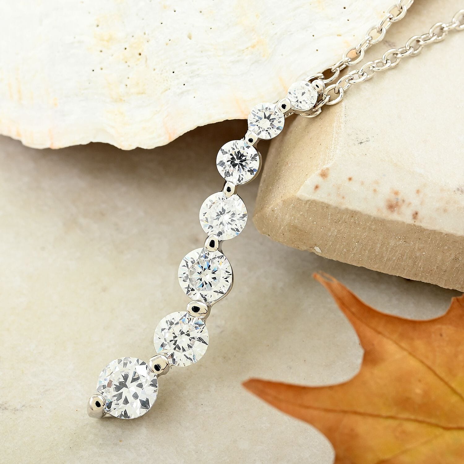 Simulated Diamond Pendant Necklace 18 Inches Silvertone
