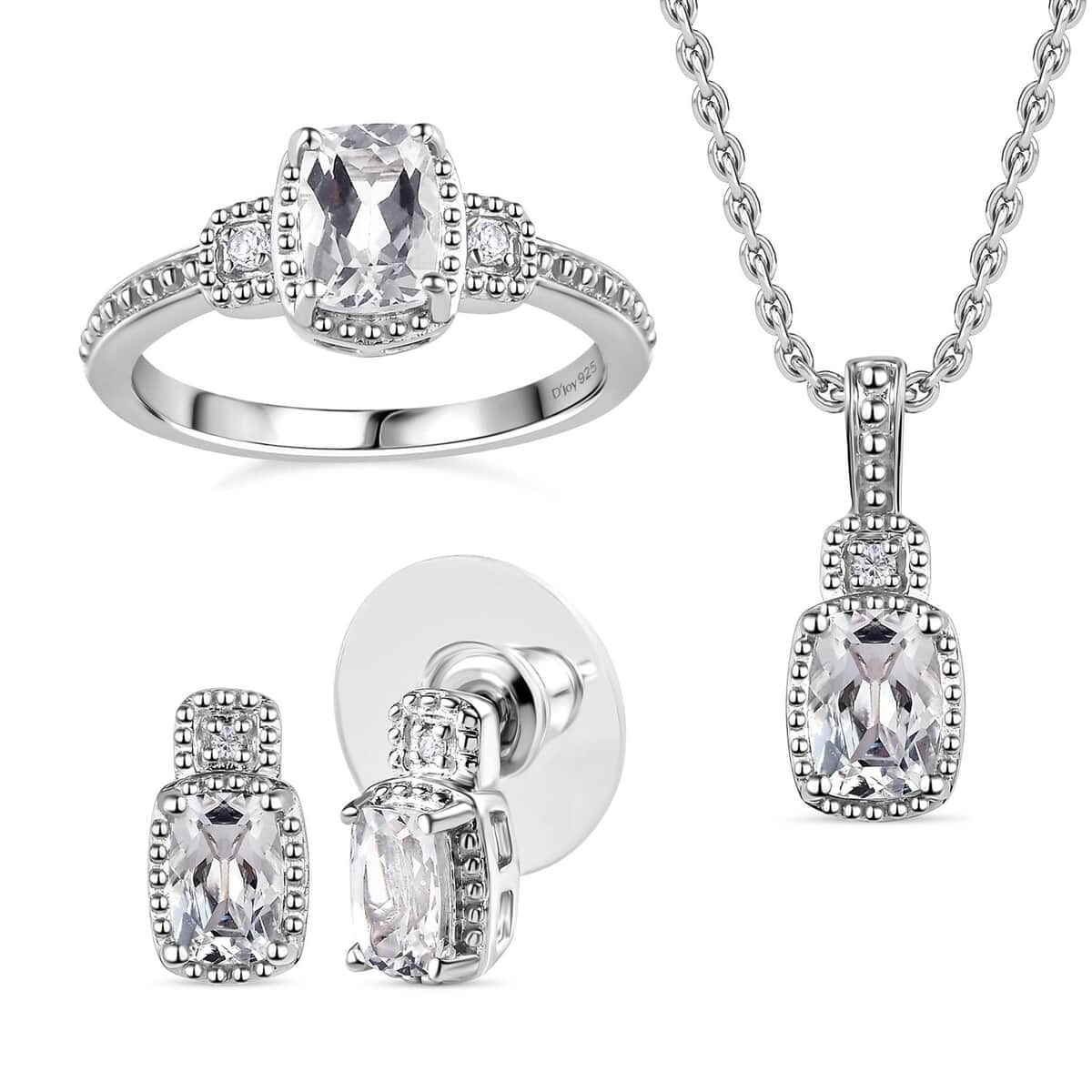 White Topaz and White Sapphire Halo Earrings, Ring (Size 7.0) and Pendant in Platinum Over Sterling Silver with Stainless Steel Necklace 20 Inches 3.75 ctw image number 0
