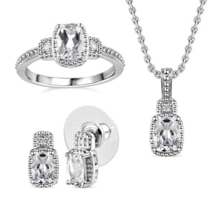 White Topaz and White Sapphire Stud Earrings, Ring (Size 7.0) and Pendant in Platinum Over Sterling Silver with Stainless Steel Necklace 20 Inches 3.75 ctw