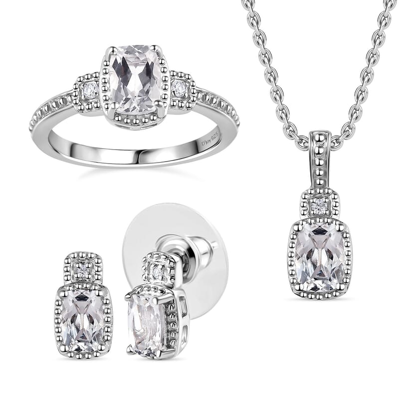 White Topaz and White Sapphire Halo Earrings, Ring (Size 7.0) and Pendant in Platinum Over Sterling Silver with Stainless Steel Necklace 20 Inches 3.75 ctw