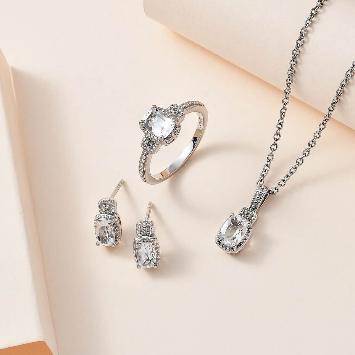 White Topaz and White Sapphire Halo Earrings, Ring (Size 7.0) and Pendant in Platinum Over Sterling Silver with Stainless Steel Necklace 20 Inches 3.75 ctw image number 1