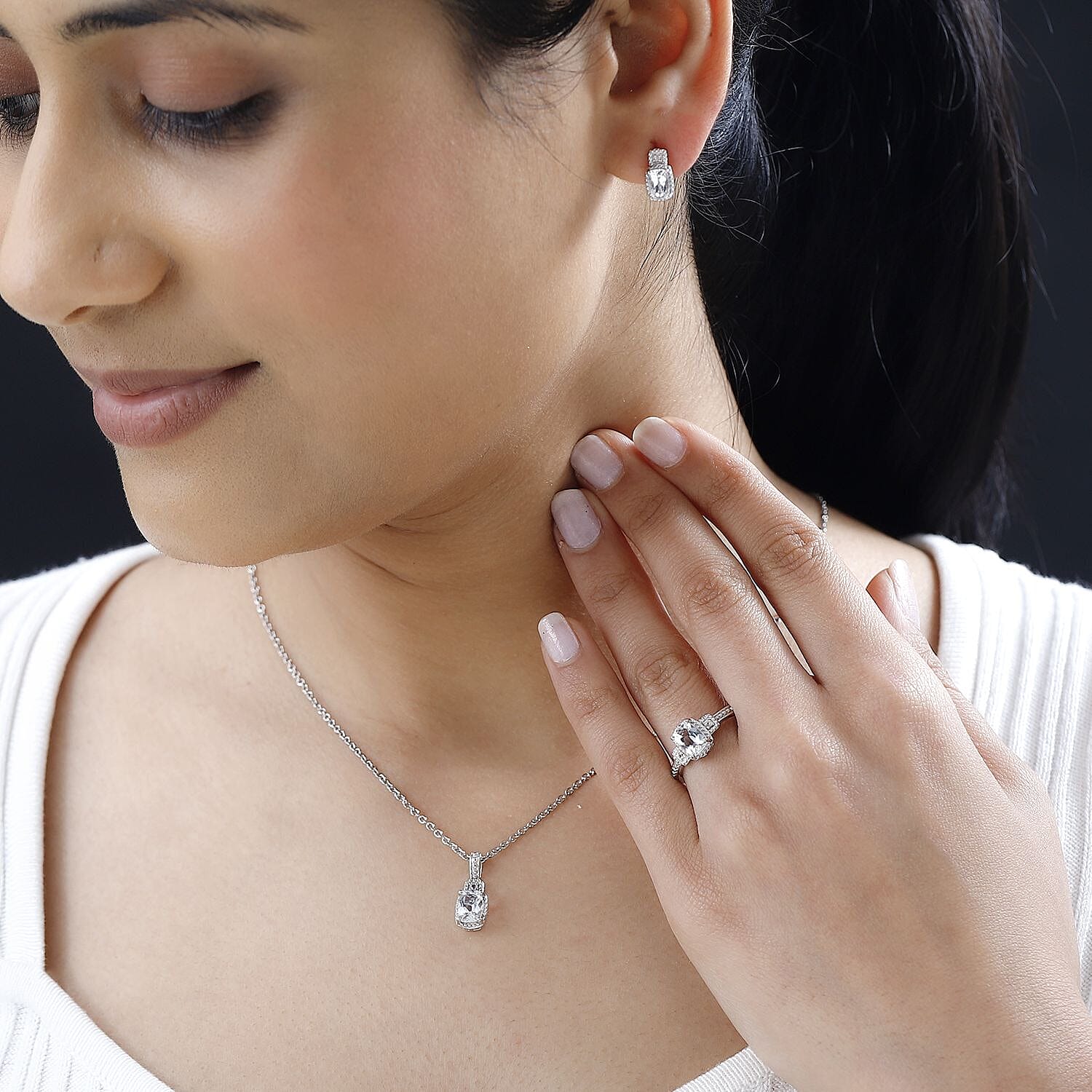 White Topaz and White Sapphire Halo Earrings, Ring (Size 7.0) and Pendant in Platinum Over Sterling Silver with Stainless Steel Necklace 20 Inches 3.75 ctw