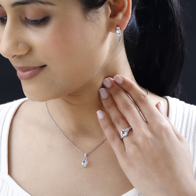 White Topaz and White Sapphire Halo Earrings, Ring (Size 7.0) and Pendant in Platinum Over Sterling Silver with Stainless Steel Necklace 20 Inches 3.75 ctw