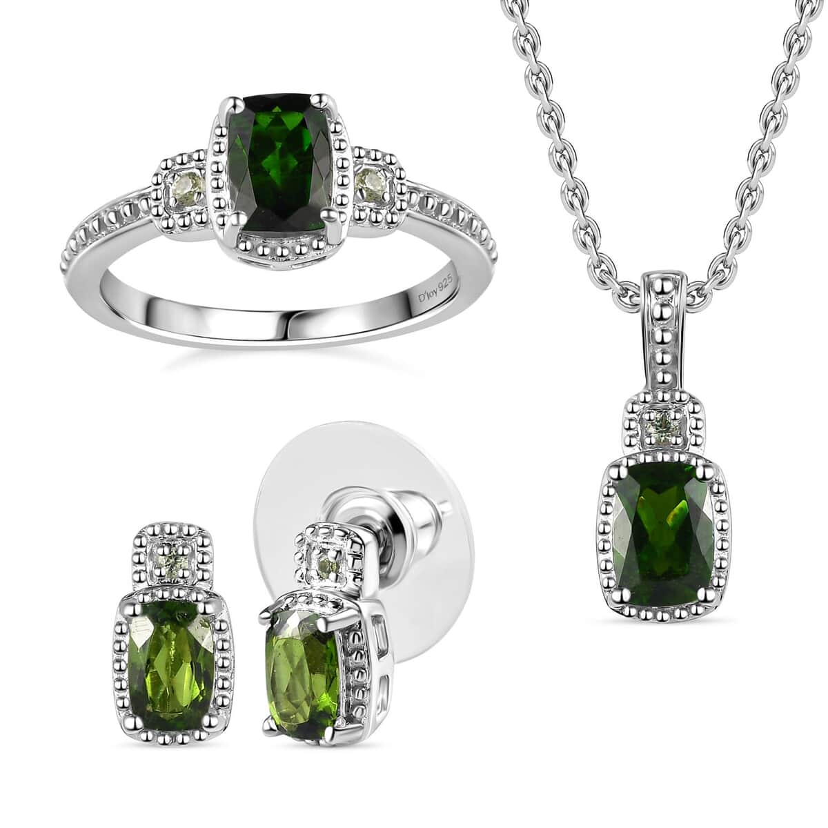 Chrome Diopside and Green Sapphire 3.40 ctw Stud Earrings, Ring (Size 7.0) and Pendant in Platinum Over Sterling Silver with Stainless Steel Necklace 20 Inches image number 0