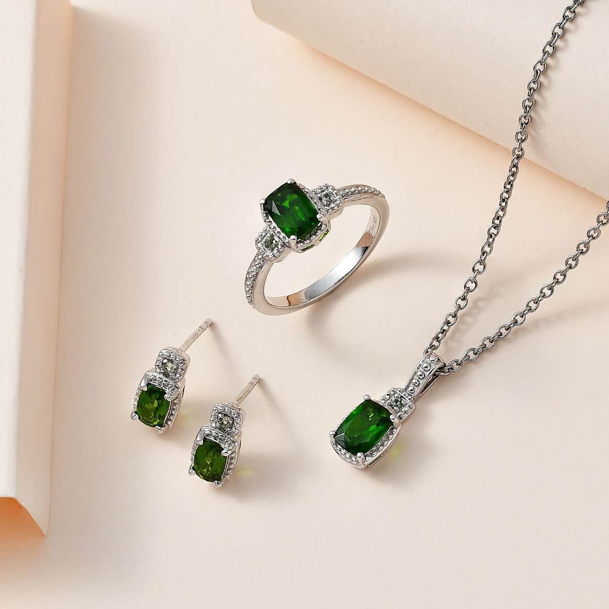 Chrome Diopside and Green Sapphire 3.40 ctw Stud Earrings, Ring (Size 7.0) and Pendant in Platinum Over Sterling Silver with Stainless Steel Necklace 20 Inches image number 1