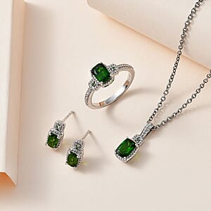 Chrome Diopside and Green Sapphire 3.40 ctw Stud Earrings, Ring (Size 7.0) and Pendant in Platinum Over Sterling Silver with Stainless Steel Necklace 20 Inches