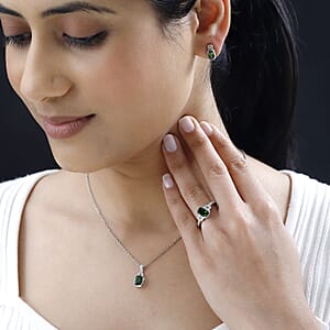 Chrome Diopside and Green Sapphire 3.40 ctw Stud Earrings, Ring (Size 7.0) and Pendant in Platinum Over Sterling Silver with Stainless Steel Necklace 20 Inches