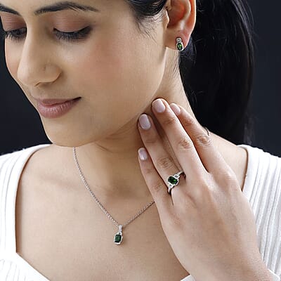 Chrome Diopside and Green Sapphire 3.40 ctw Stud Earrings, Ring (Size 7.0) and Pendant in Platinum Over Sterling Silver with Stainless Steel Necklace 20 Inches