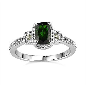 Chrome Diopside and Green Sapphire 3.40 ctw Stud Earrings, Ring (Size 7.0) and Pendant in Platinum Over Sterling Silver with Stainless Steel Necklace 20 Inches
