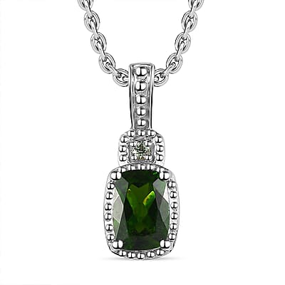 Chrome Diopside and Green Sapphire 3.40 ctw Stud Earrings, Ring (Size 7.0) and Pendant in Platinum Over Sterling Silver with Stainless Steel Necklace 20 Inches