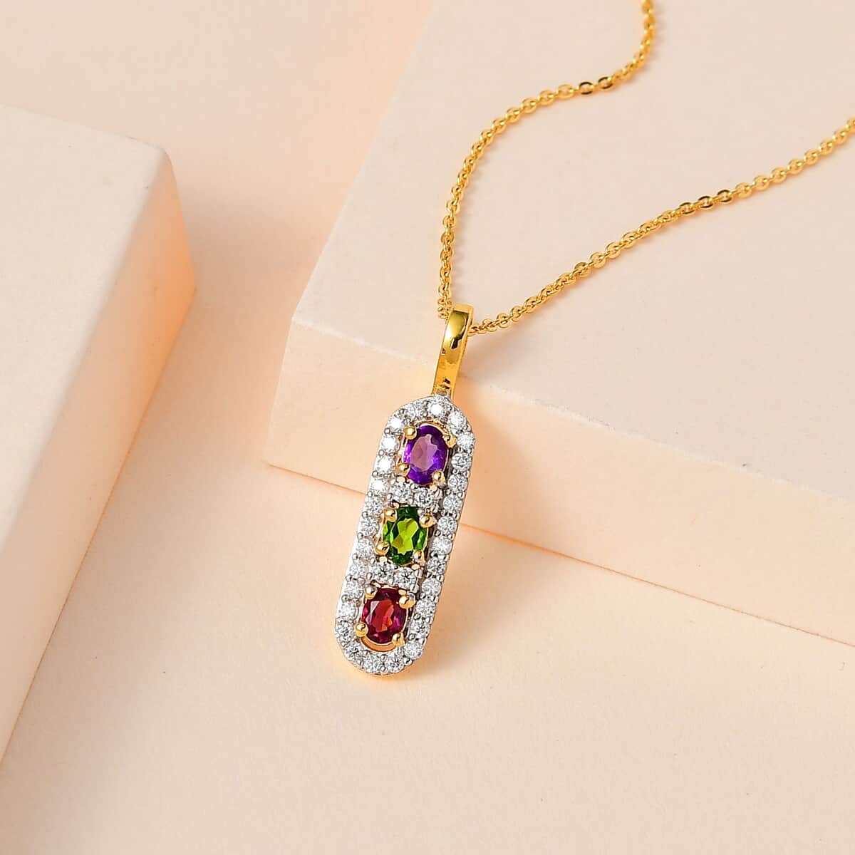 Mother’s Day Gift Multi Gemstone Statement Medallion Pendant Necklace 20 Inches in Vermeil Yellow Gold Over Sterling Silver 0.90 ctw image number 1