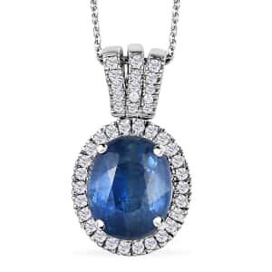 Kashmir Blue Kyanite and Moissanite Halo Pendant Necklace 20 Inches in Platinum Over Sterling Silver 5.00 ctw