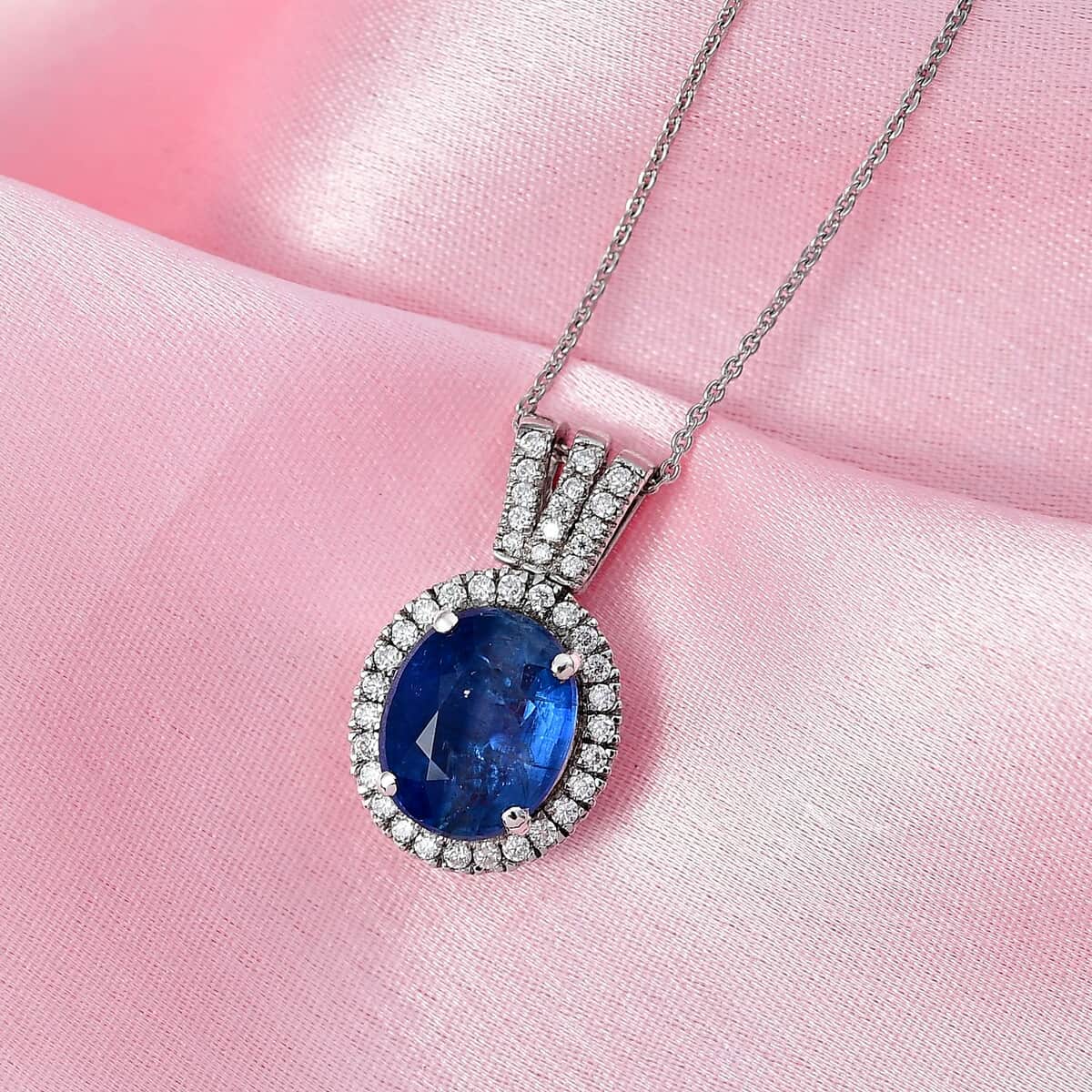 Kashmir Blue Kyanite and Moissanite Halo Pendant Necklace 20 Inches in Platinum Over Sterling Silver 5.00 ctw image number 1