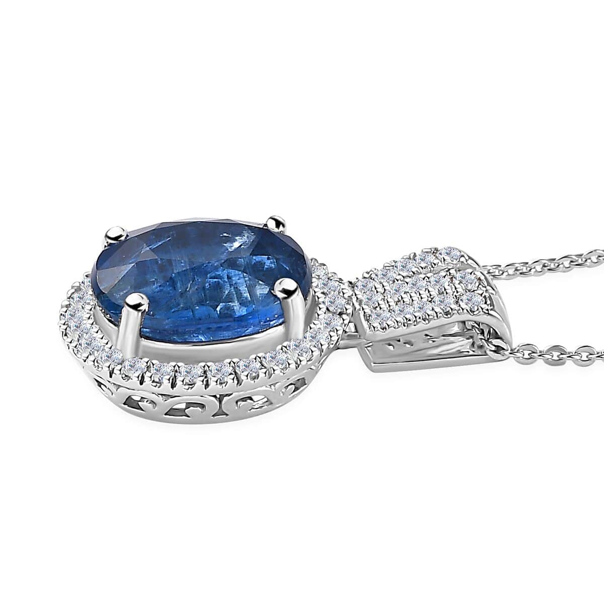 Kashmir Blue Kyanite and Moissanite Halo Pendant Necklace 20 Inches in Platinum Over Sterling Silver 5.00 ctw image number 3