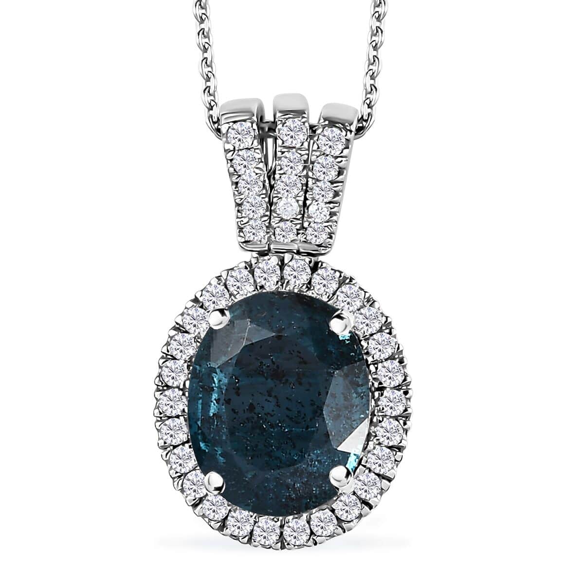 Indigo Kyanite and Moissanite Halo Pendant Necklace 20 Inches in Platinum Over Sterling Silver 4.40 ctw image number 0