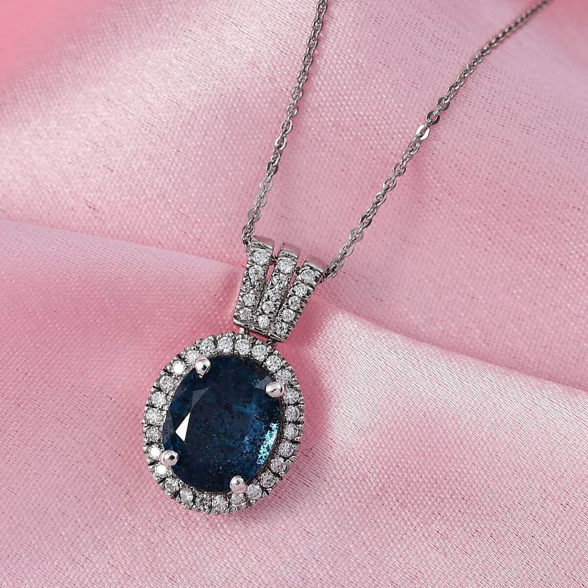 Indigo Kyanite and Moissanite Halo Pendant Necklace 20 Inches in Platinum Over Sterling Silver 4.40 ctw image number 1