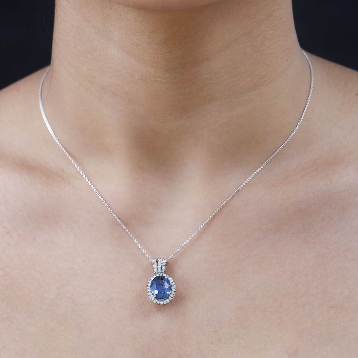 Indigo Kyanite and Moissanite Halo Pendant Necklace 20 Inches in Platinum Over Sterling Silver 4.40 ctw image number 2