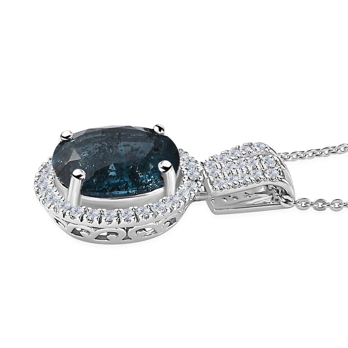 Indigo Kyanite and Moissanite Halo Pendant Necklace 20 Inches in Platinum Over Sterling Silver 4.40 ctw image number 3