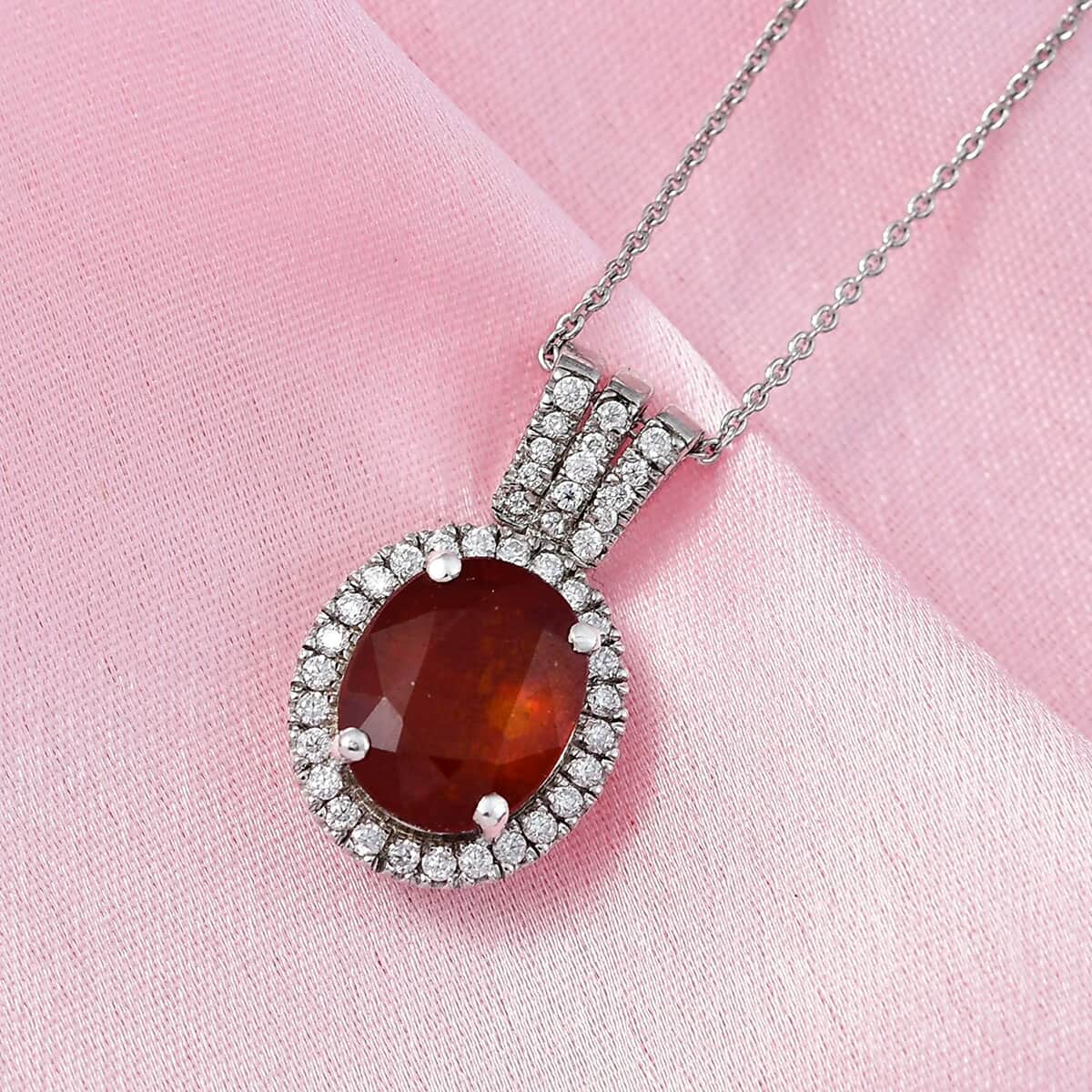 Tangerine Kyanite and Moissanite Halo Pendant Necklace 20 Inches in Platinum Over Sterling Silver 4.65 ctw image number 1