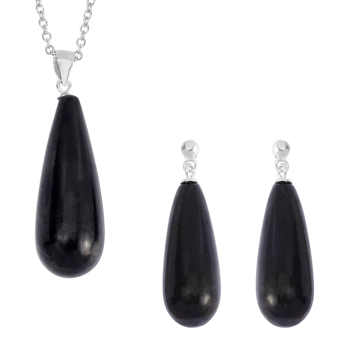 Shungite Earrings and Pendant in Rhodium Over Sterling Silver with Stainless Steel Necklace 20 Inches 55.50 ctw image number 0
