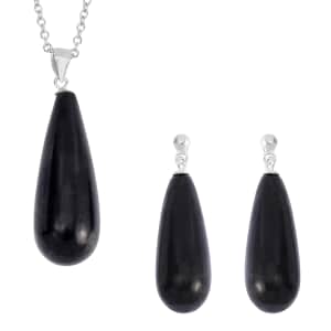 Shungite Earrings and Pendant in Rhodium Over Sterling Silver with Stainless Steel Necklace 20 Inches 55.50 ctw