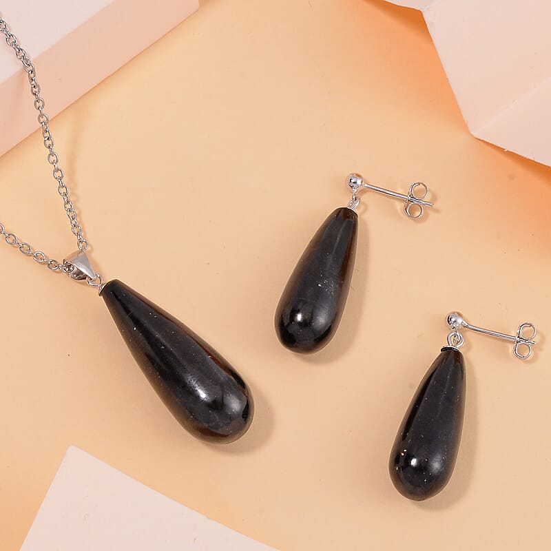 Shungite Earrings and Pendant in Rhodium Over Sterling Silver with Stainless Steel Necklace 20 Inches 55.50 ctw