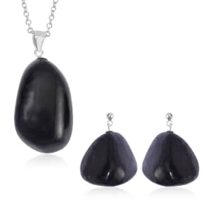 Shungite Earrings and Pendant in Rhodium Over Sterling Silver with Stainless Steel Necklace 20 Inches 162.50 ctw