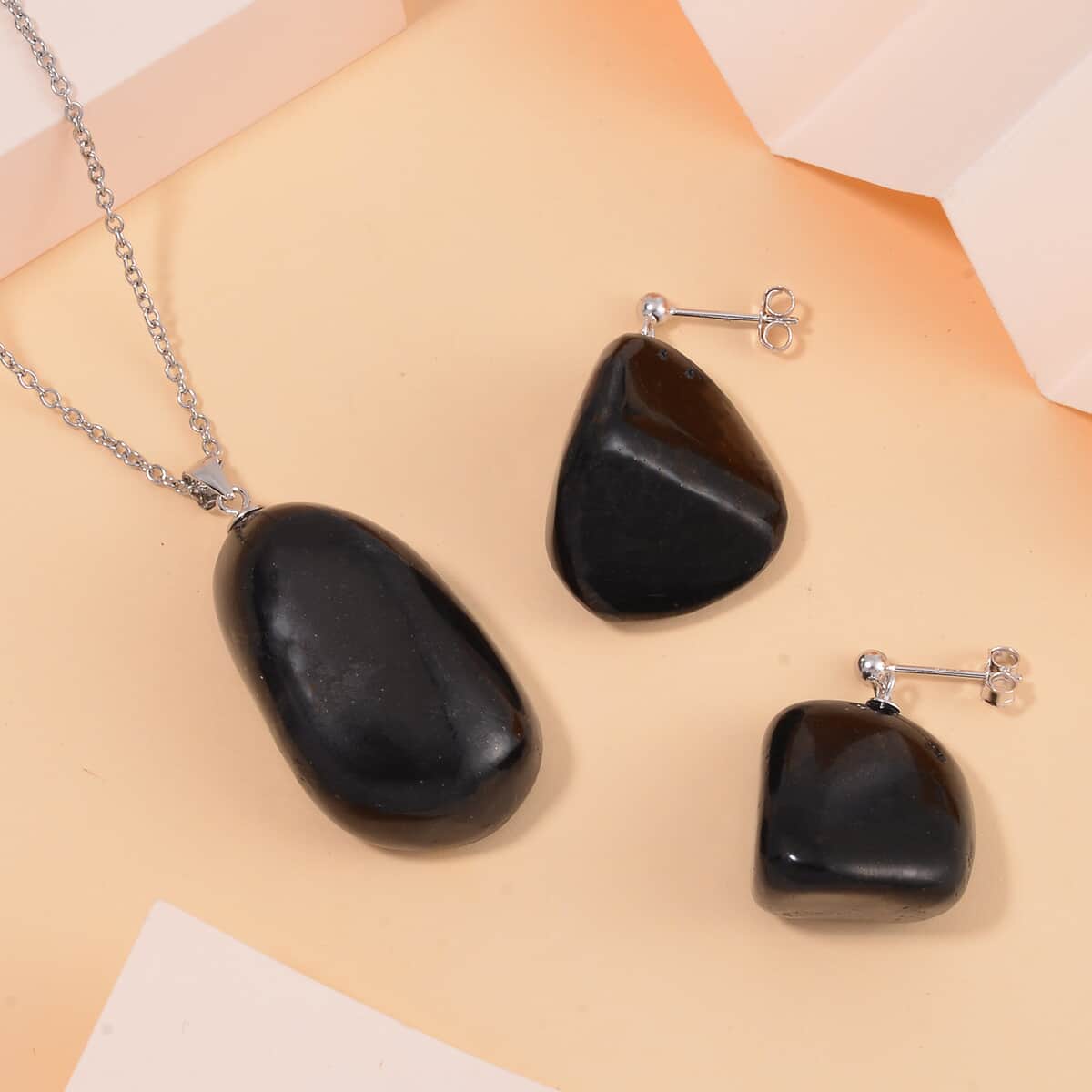 Shungite Earrings and Pendant in Rhodium Over Sterling Silver with Stainless Steel Necklace 20 Inches 162.50 ctw image number 1