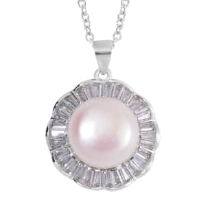 Freshwater Cultured Pearl and Simulated Diamond Pendant in Silvertone with Stainless Steel Necklace 20 Inches 1.00 ctw