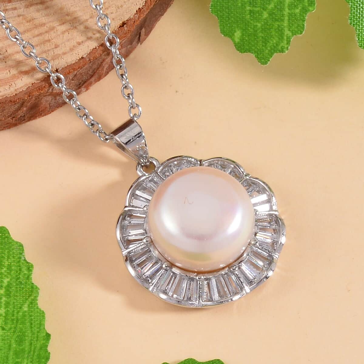 Freshwater Cultured Pearl and Simulated Diamond Pendant in Silvertone with Stainless Steel Necklace 20 Inches 1.00 ctw image number 1
