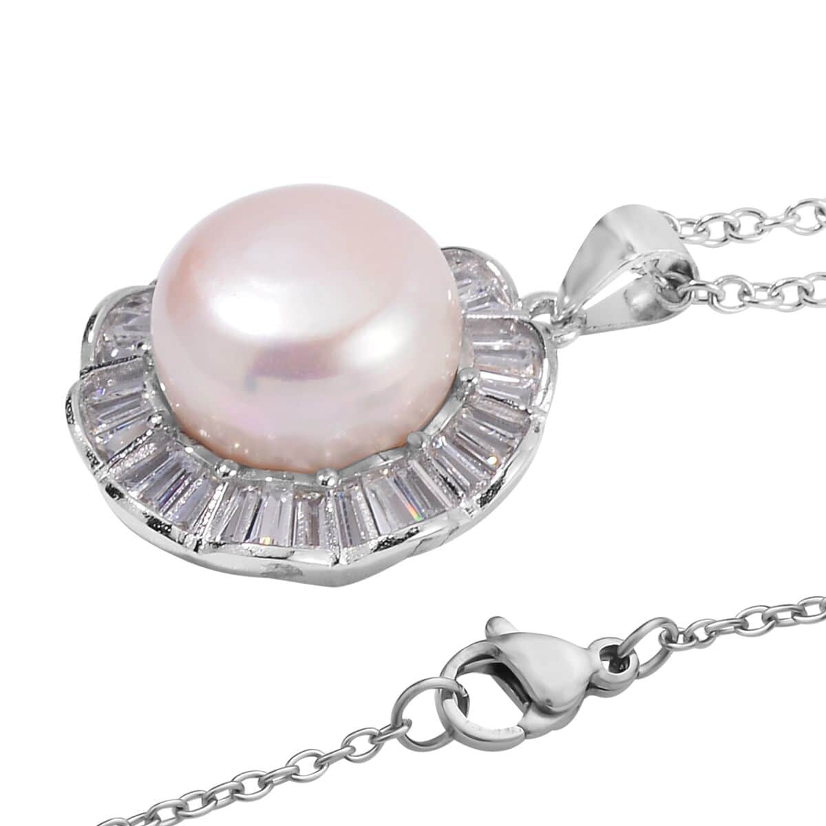 Freshwater Cultured Pearl and Simulated Diamond Pendant in Silvertone with Stainless Steel Necklace 20 Inches 1.00 ctw image number 3