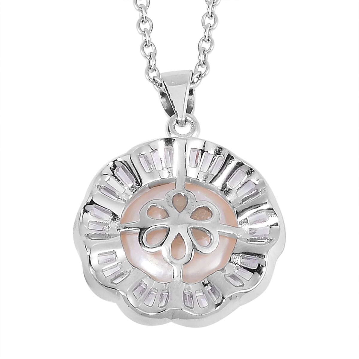 Freshwater Cultured Pearl and Simulated Diamond Pendant in Silvertone with Stainless Steel Necklace 20 Inches 1.00 ctw