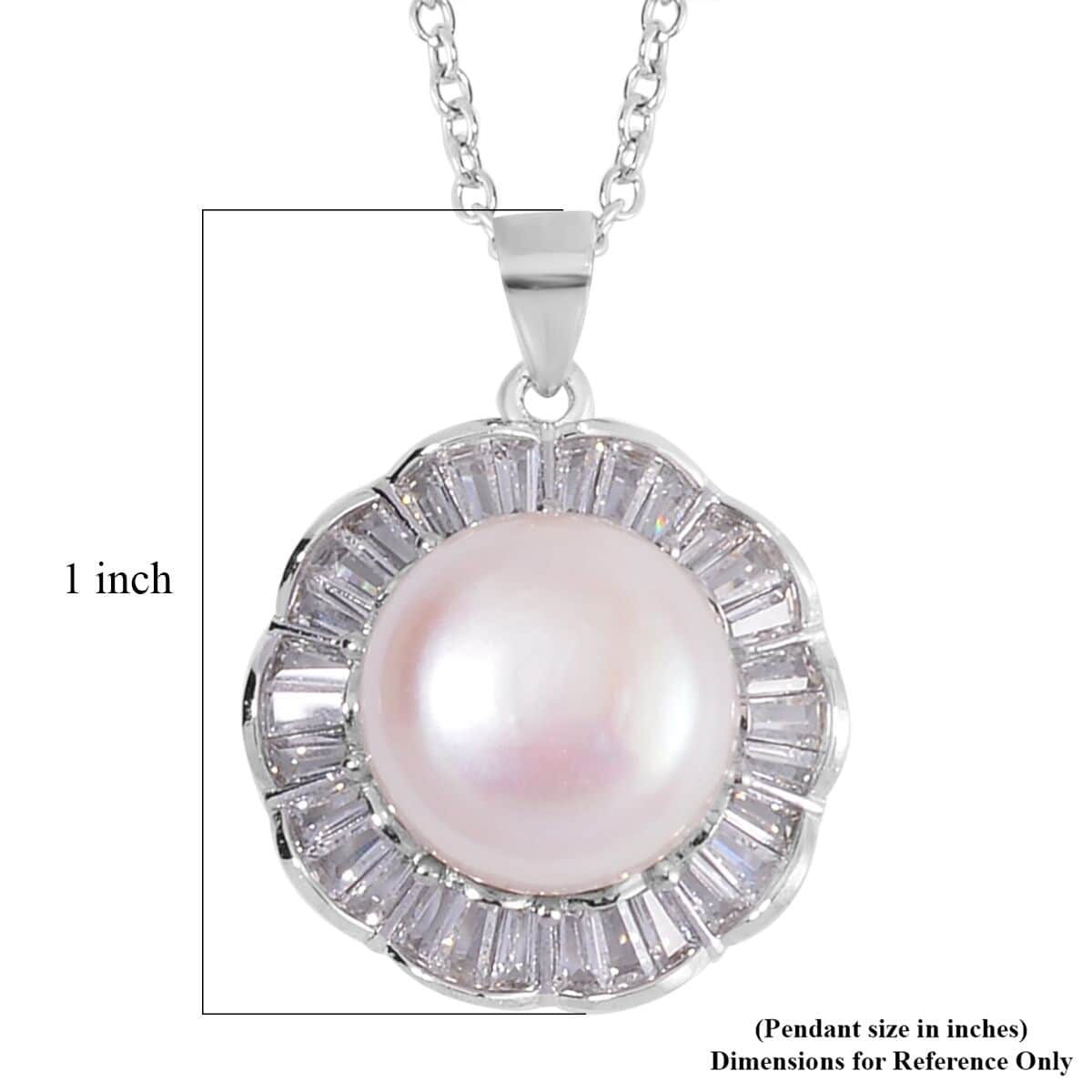 Freshwater Cultured Pearl and Simulated Diamond Pendant in Silvertone with Stainless Steel Necklace 20 Inches 1.00 ctw image number 5