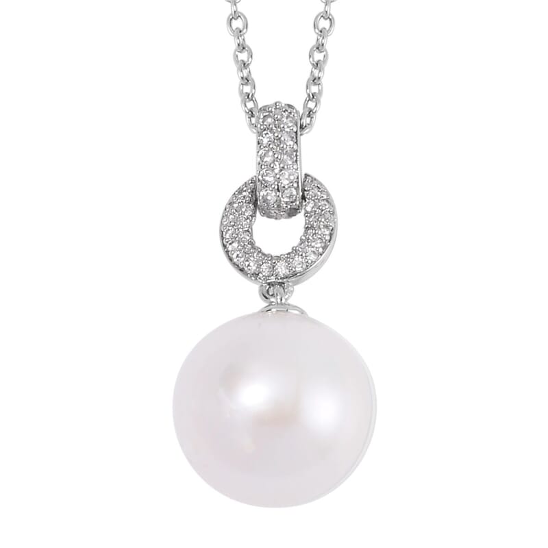 White Edison Pearl and Simulated Diamond Pendant in Silvertone with Stainless Steel Necklace 20 Inches 0.30 ctw