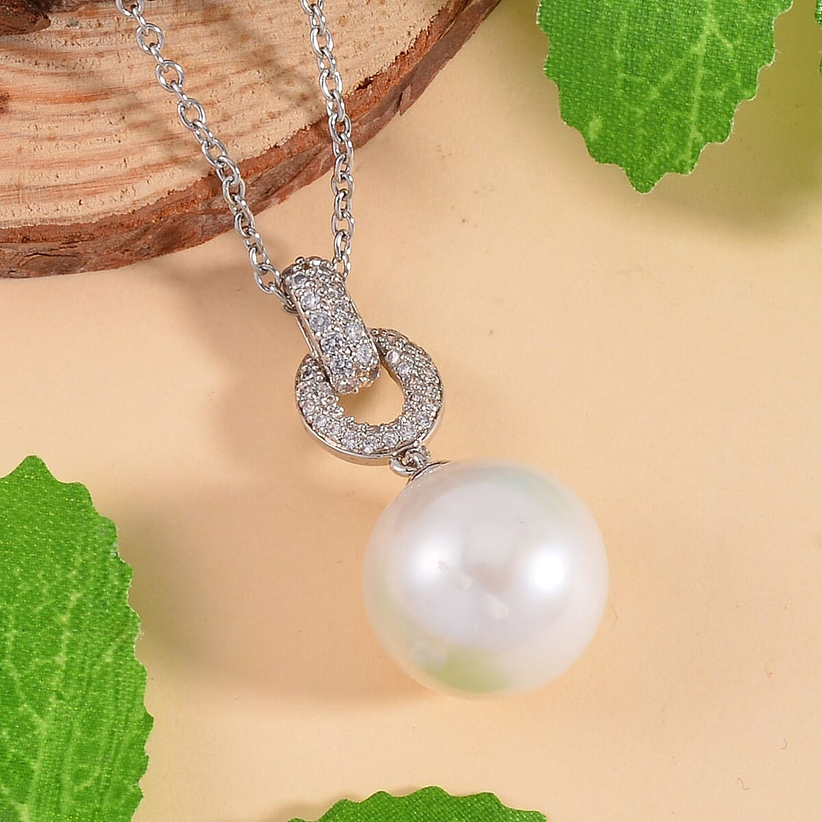 White Edison Pearl and Simulated Diamond Pendant in Silvertone with Stainless Steel Necklace 20 Inches 0.30 ctw image number 1