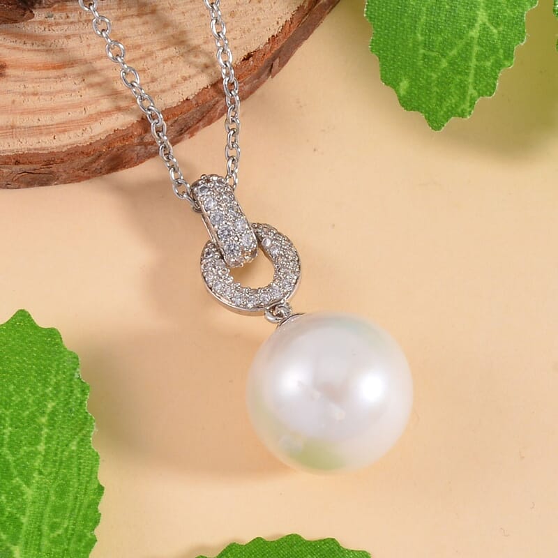 White Edison Pearl and Simulated Diamond Pendant in Silvertone with Stainless Steel Necklace 20 Inches 0.30 ctw