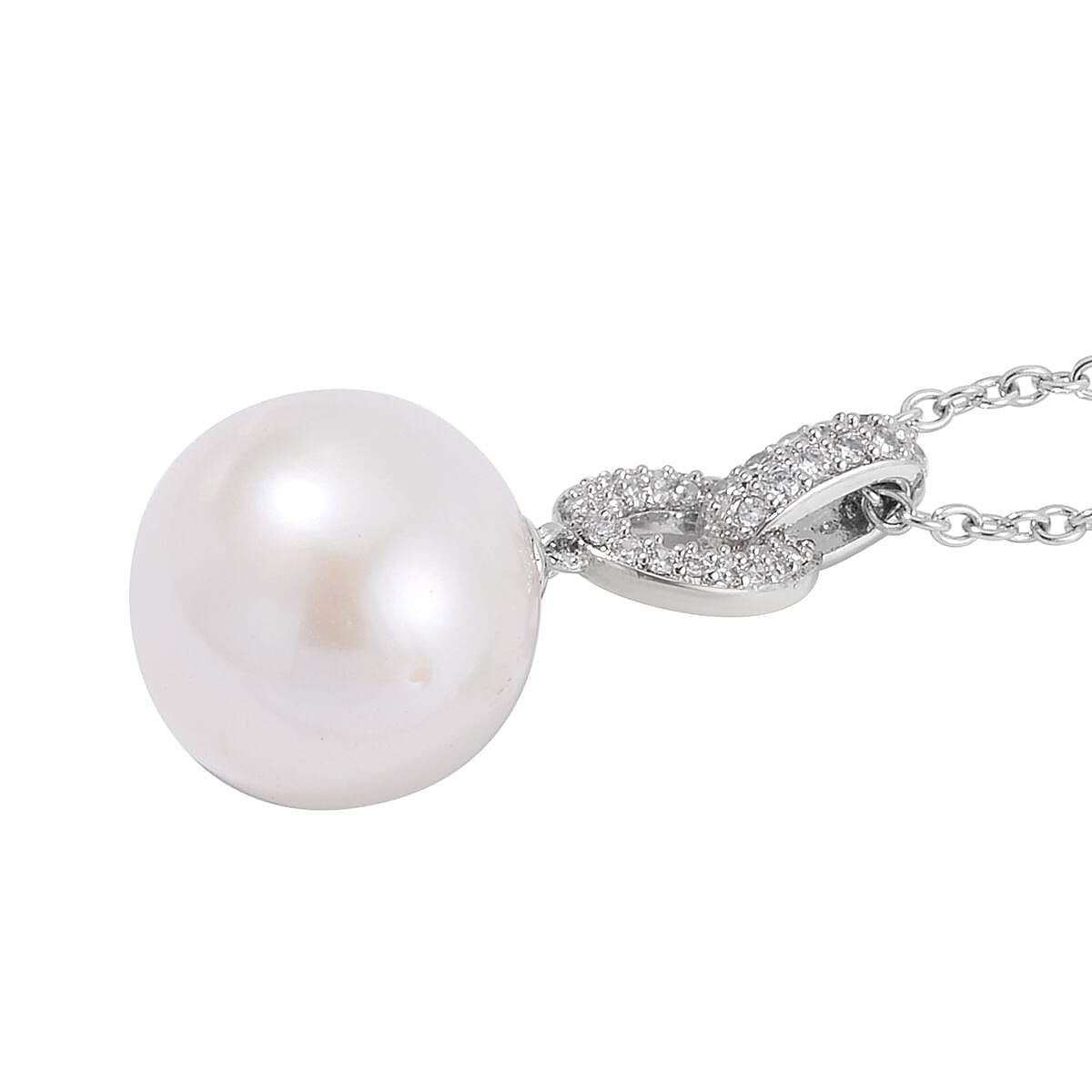 White Edison Pearl and Simulated Diamond Pendant in Silvertone with Stainless Steel Necklace 20 Inches 0.30 ctw image number 3