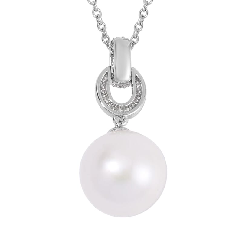 White Edison Pearl and Simulated Diamond Pendant in Silvertone with Stainless Steel Necklace 20 Inches 0.30 ctw