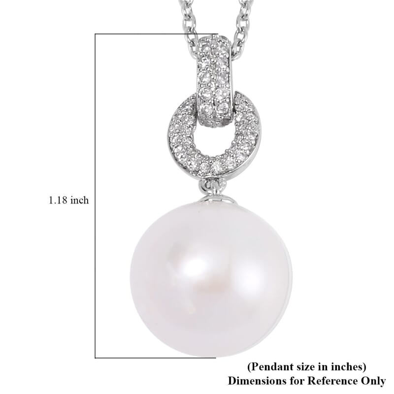 White Edison Pearl and Simulated Diamond Pendant in Silvertone with Stainless Steel Necklace 20 Inches 0.30 ctw