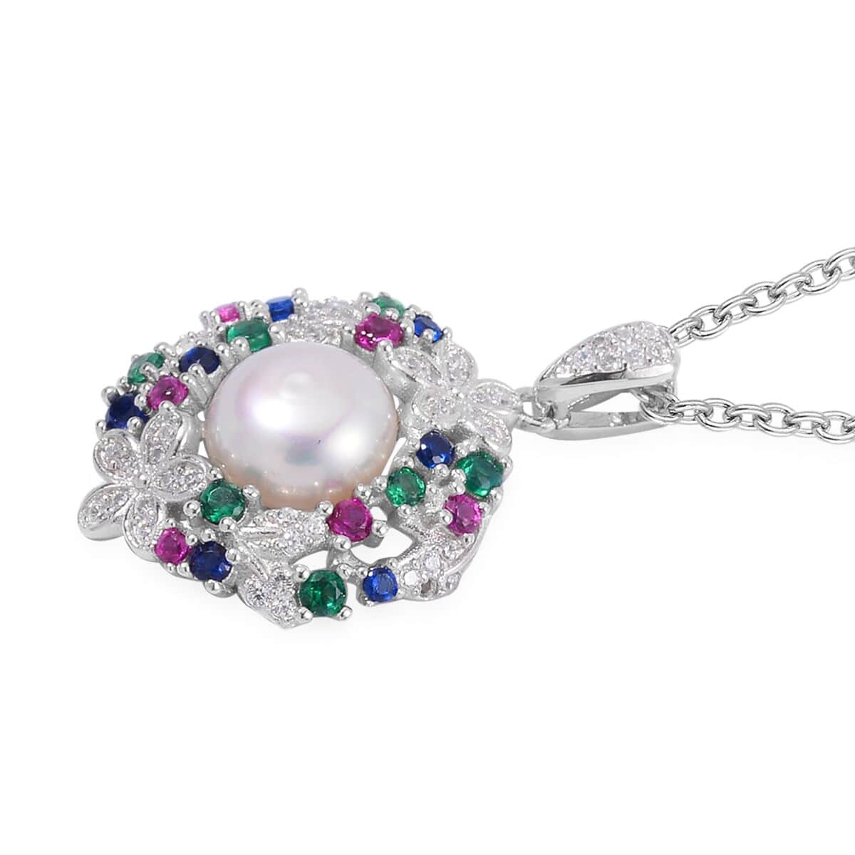 Freshwater Cultured Pearl and Simulated Multi Color Diamond Pendant in Silvertone with Stainless Steel Necklace 20 Inches 0.50 ctw image number 3