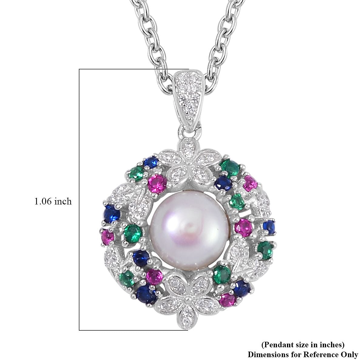 Freshwater Cultured Pearl and Simulated Multi Color Diamond Pendant in Silvertone with Stainless Steel Necklace 20 Inches 0.50 ctw