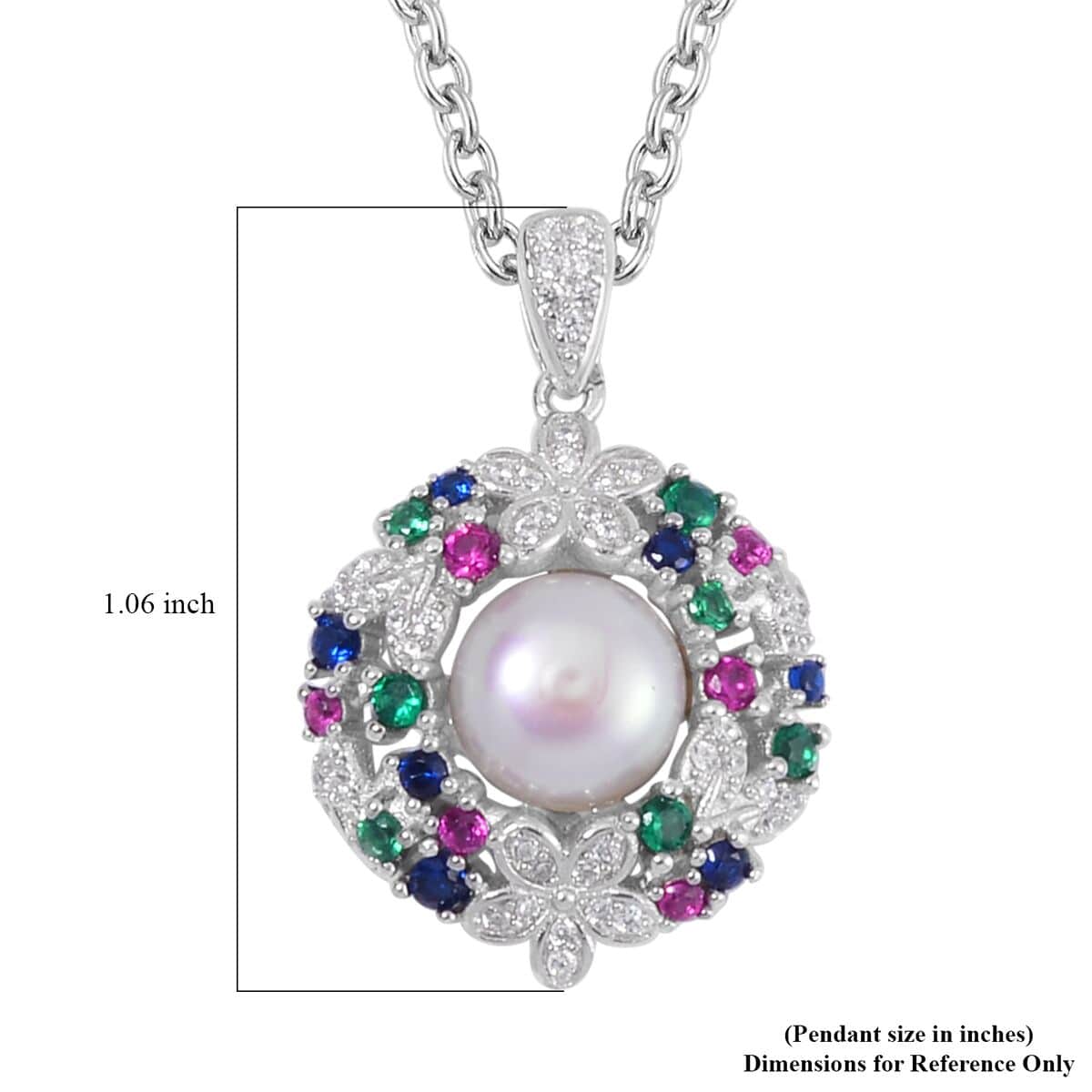 Freshwater Cultured Pearl and Simulated Multi Color Diamond Pendant in Silvertone with Stainless Steel Necklace 20 Inches 0.50 ctw image number 6