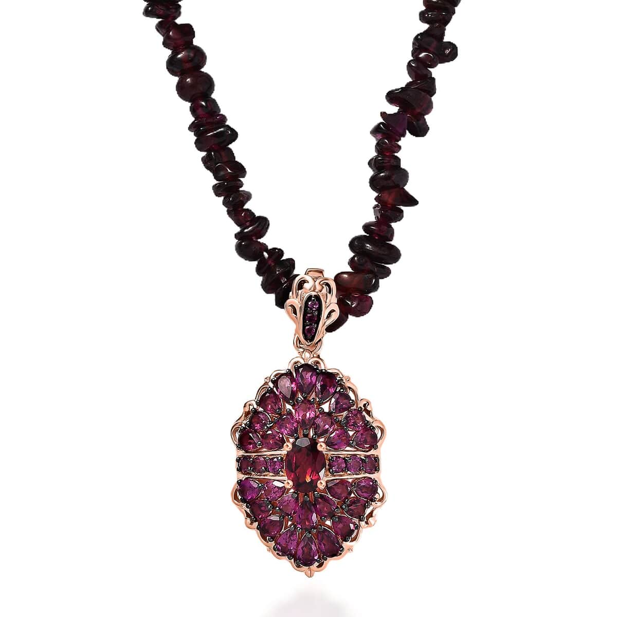 Orissa Rhodolite Garnet Cocktail Pendant with Beaded Necklace 18 Inches in Vermeil Rose Gold Over Sterling Silver 150.00 ctw image number 0