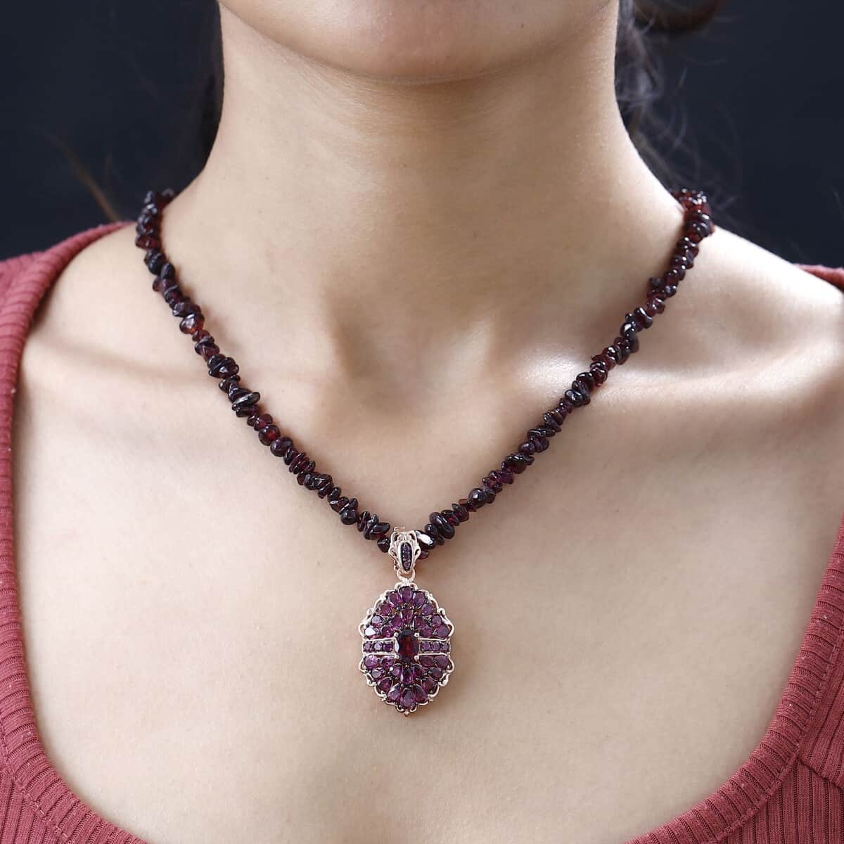 Orissa Rhodolite Garnet Cocktail Pendant with Beaded Necklace 18 Inches in Vermeil Rose Gold Over Sterling Silver 150.00 ctw image number 2