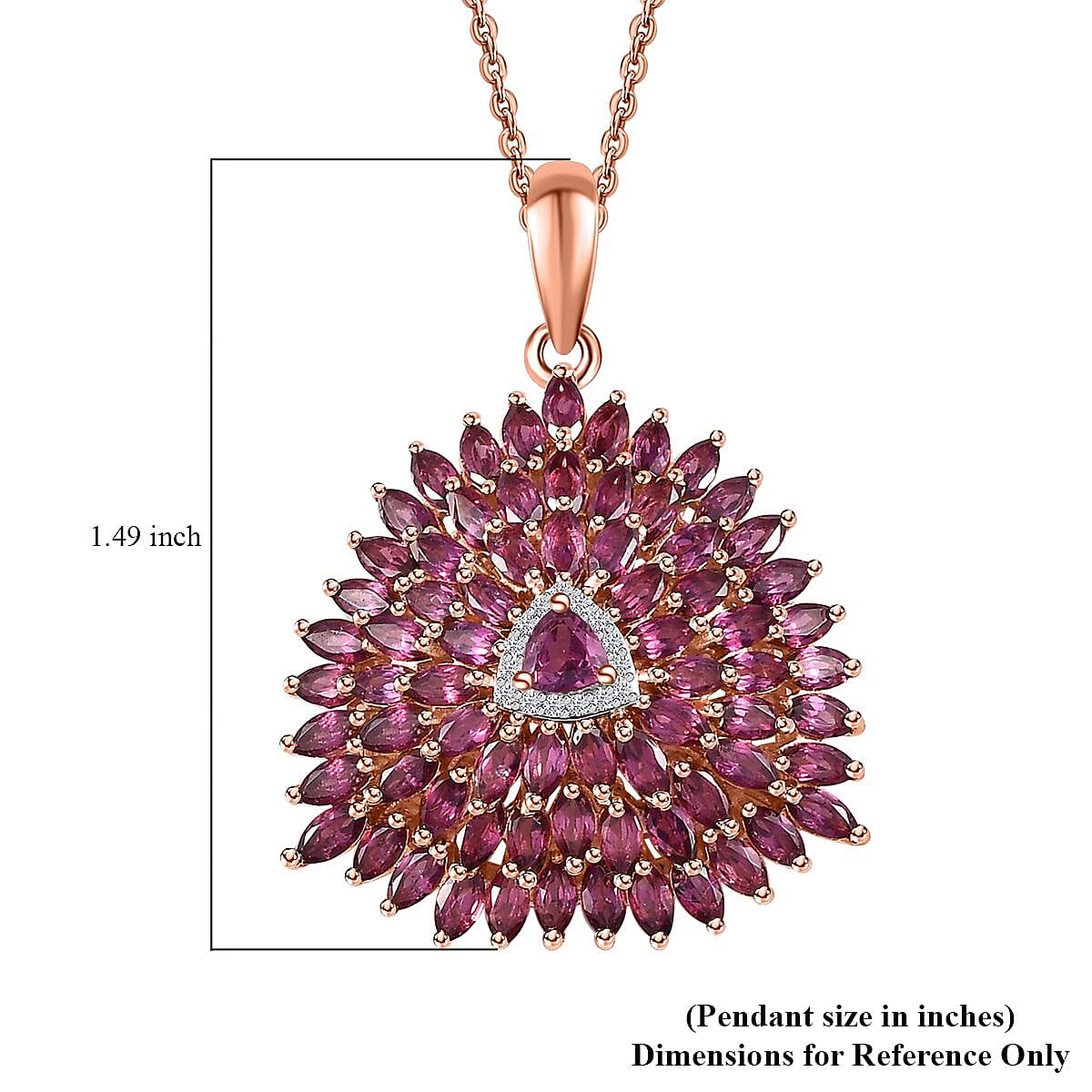 Orissa Rhodolite Garnet and White Zircon Spray Pendant Necklace 20 Inches in Vermeil Rose Gold Over Sterling Silver 7.70 ctw
